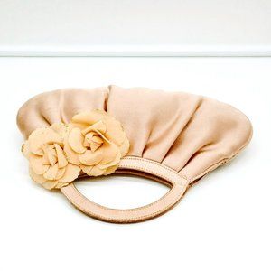 Stephanie Small Pleated Champagne Handbag Satchel with Sheer Silk Flowers